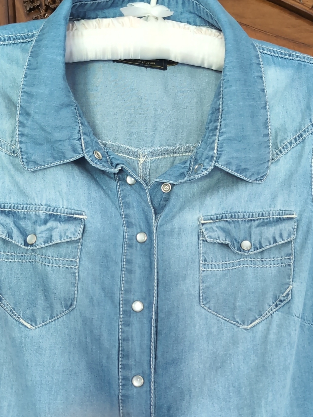 Light Blue Denim Shirt with Snap Closing Detail